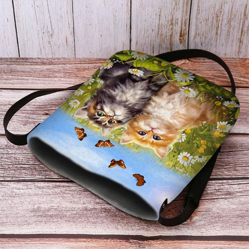 Kvinner Filt Country Style Tegneserie Katter Print Personlighet Crossbody Bag Skulderveske