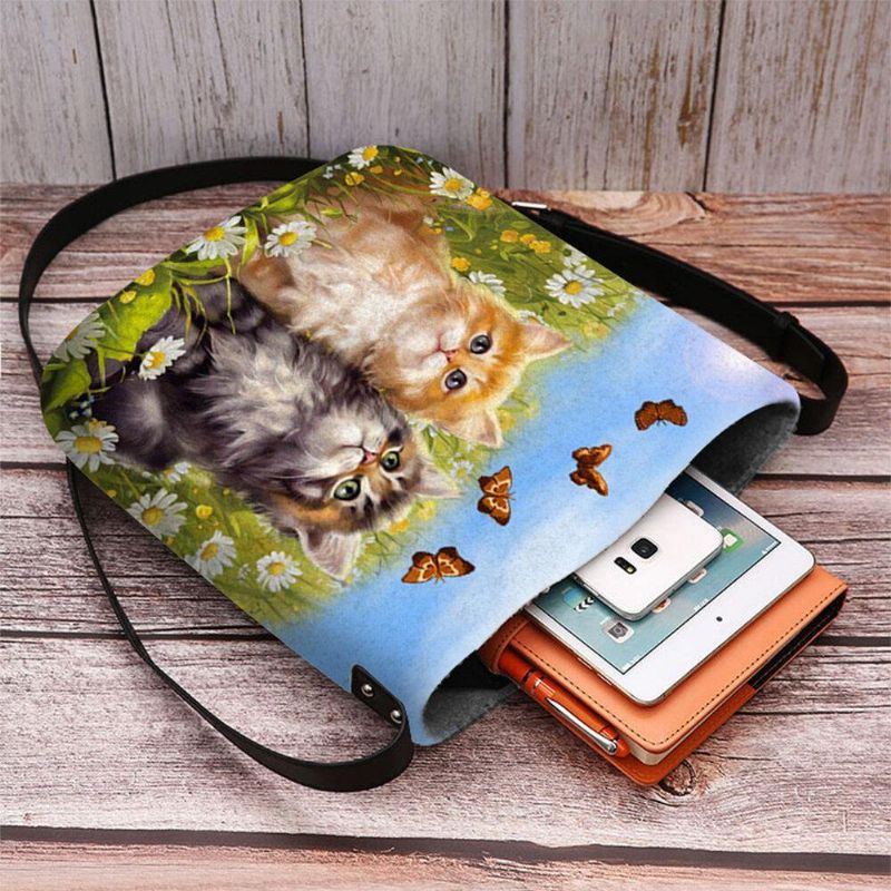 Kvinner Filt Country Style Tegneserie Katter Print Personlighet Crossbody Bag Skulderveske