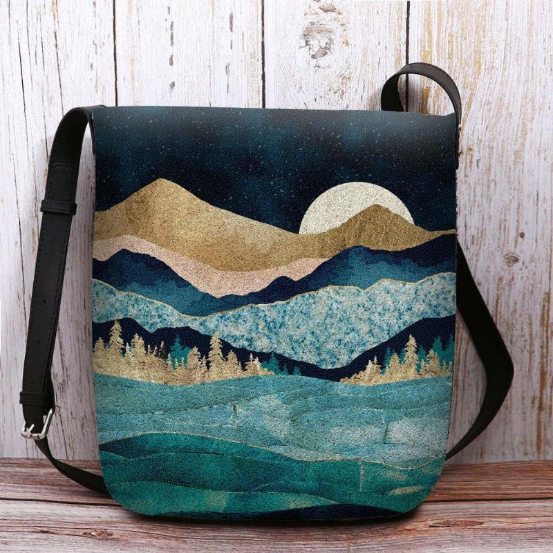 Kvinner Filt Mountain Treetop Landscape Print Bag Crossbody Bag Skulderveske