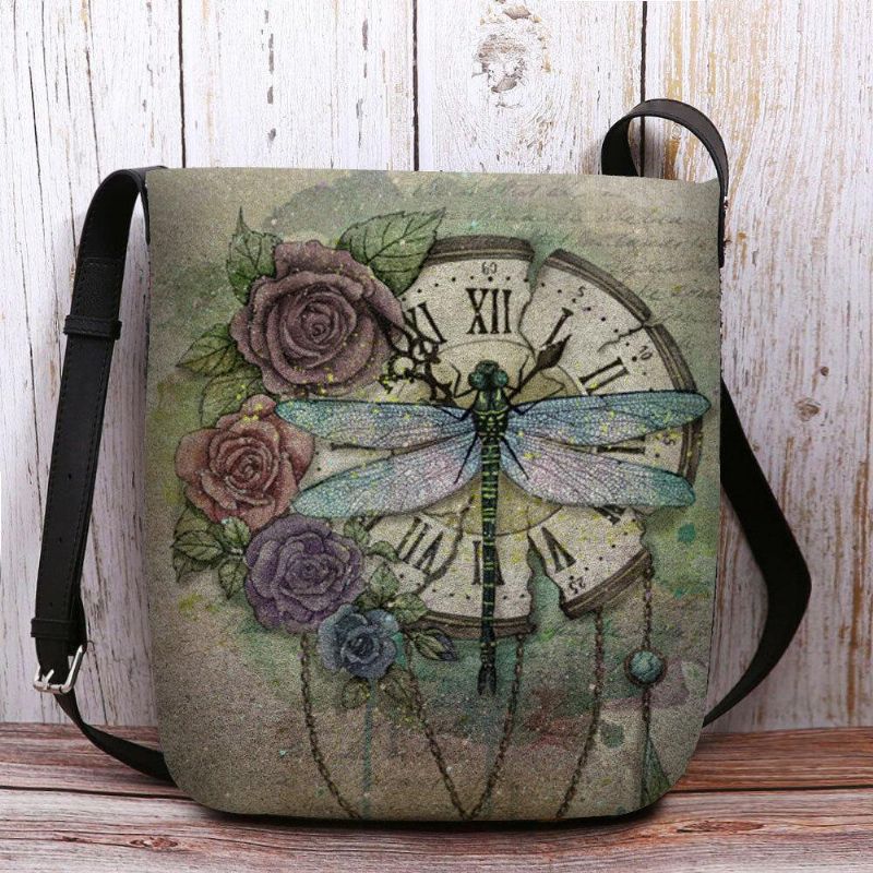 Kvinner Følte Uformell Vintage 3D Dragonfly Blomsterutskriftsmønster Crossbody Bag Skulderveske