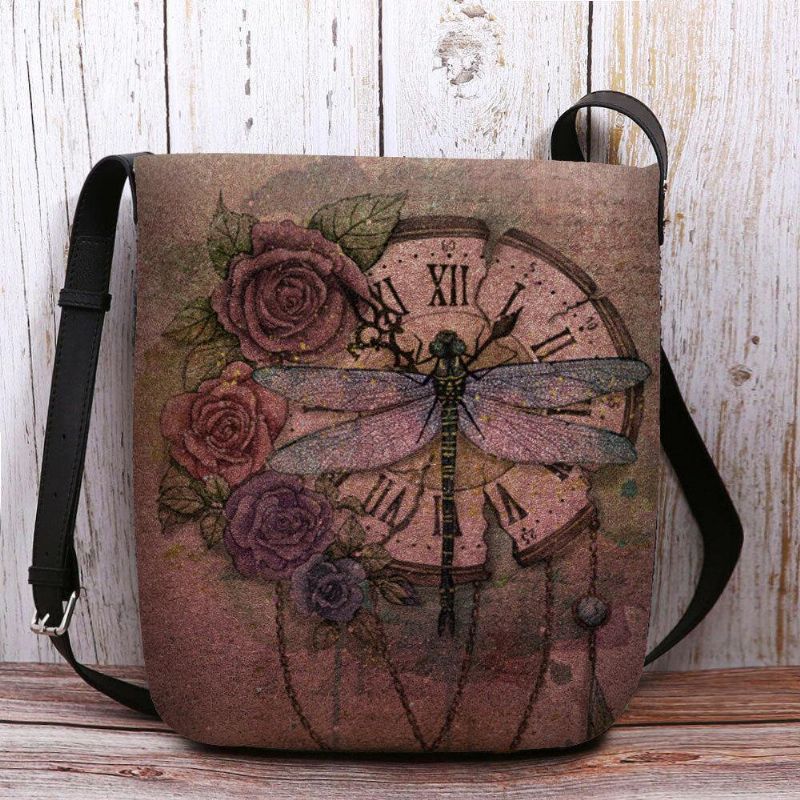 Kvinner Følte Uformell Vintage 3D Dragonfly Blomsterutskriftsmønster Crossbody Bag Skulderveske