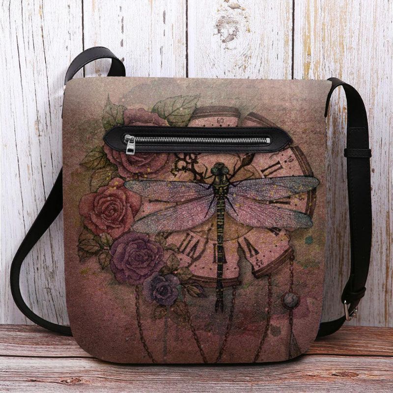 Kvinner Følte Uformell Vintage 3D Dragonfly Blomsterutskriftsmønster Crossbody Bag Skulderveske