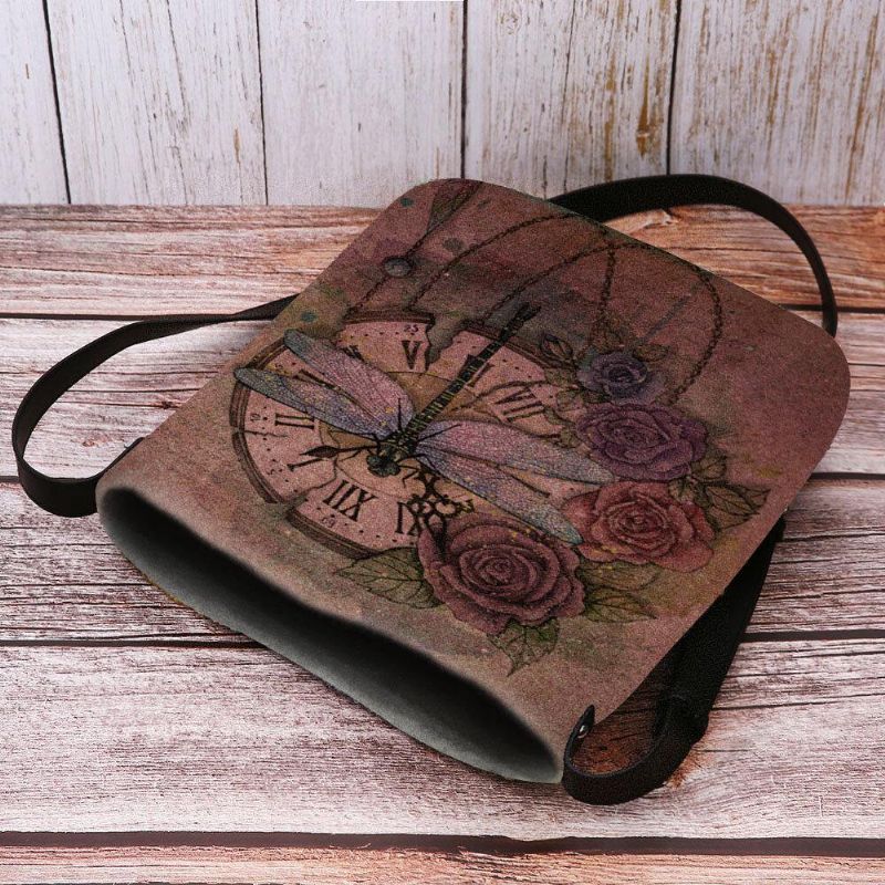 Kvinner Følte Uformell Vintage 3D Dragonfly Blomsterutskriftsmønster Crossbody Bag Skulderveske