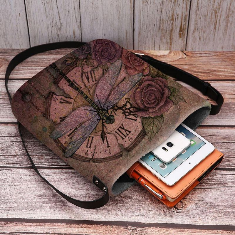 Kvinner Følte Uformell Vintage 3D Dragonfly Blomsterutskriftsmønster Crossbody Bag Skulderveske