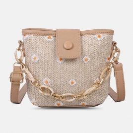 Kvinner Halm Lace Daisy Solsikkemønster Print Kjeder Hasp Crossbody Bag Skulderveske Håndveske