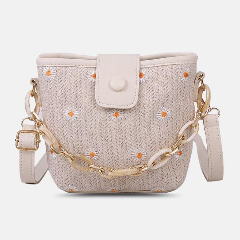 Kvinner Halm Lace Daisy Solsikkemønster Print Kjeder Hasp Crossbody Bag Skulderveske Håndveske