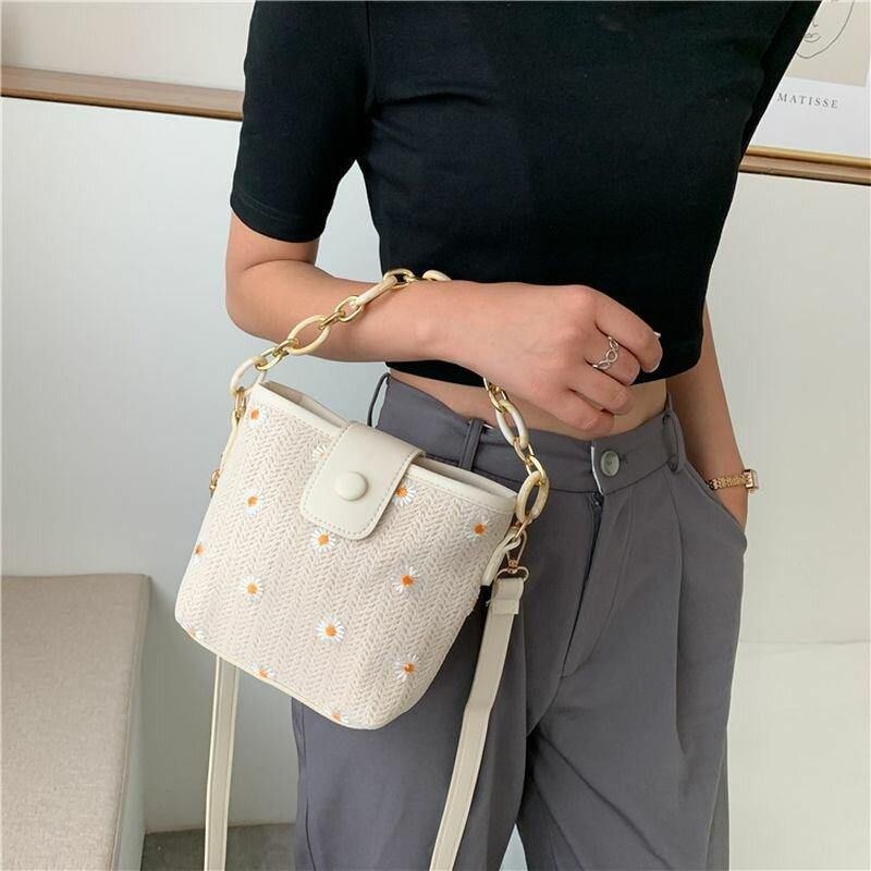 Kvinner Halm Lace Daisy Solsikkemønster Print Kjeder Hasp Crossbody Bag Skulderveske Håndveske