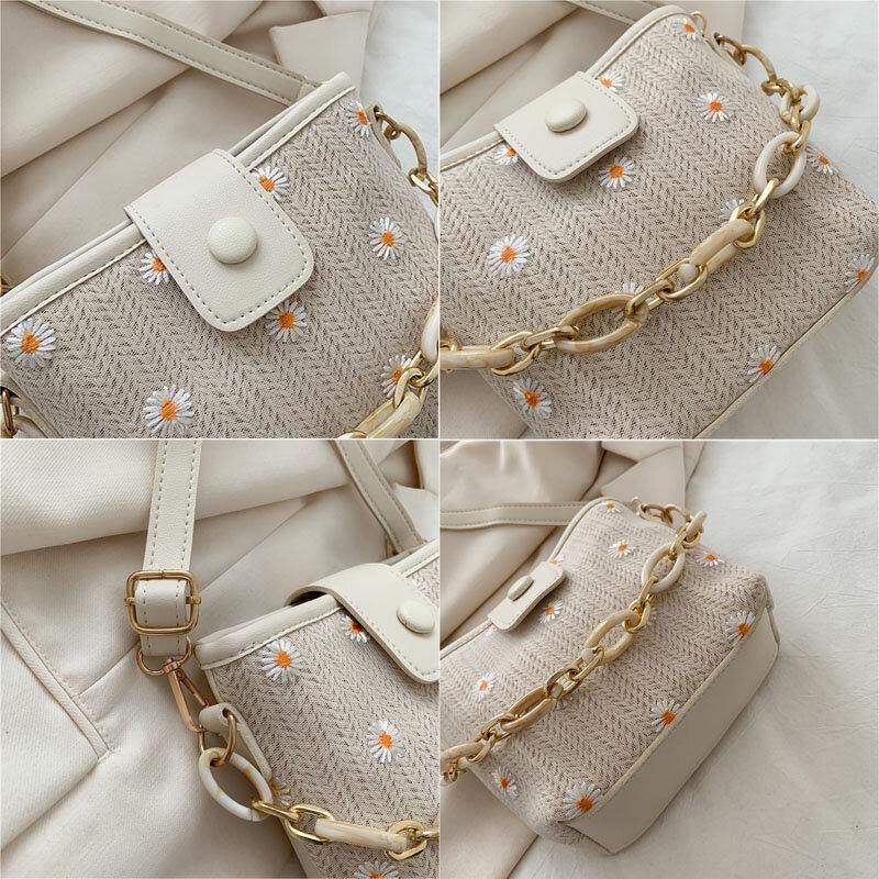 Kvinner Halm Lace Daisy Solsikkemønster Print Kjeder Hasp Crossbody Bag Skulderveske Håndveske