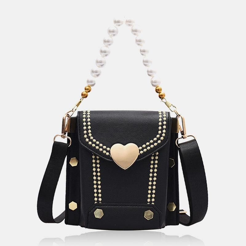 Kvinner Pu-Skinn Hjerteformet Hasp Pearl Chain Håndveske Skulderveske Crossbody-Vesker