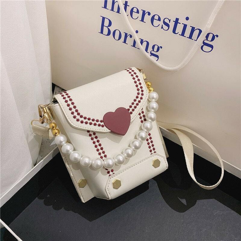 Kvinner Pu-Skinn Hjerteformet Hasp Pearl Chain Håndveske Skulderveske Crossbody-Vesker