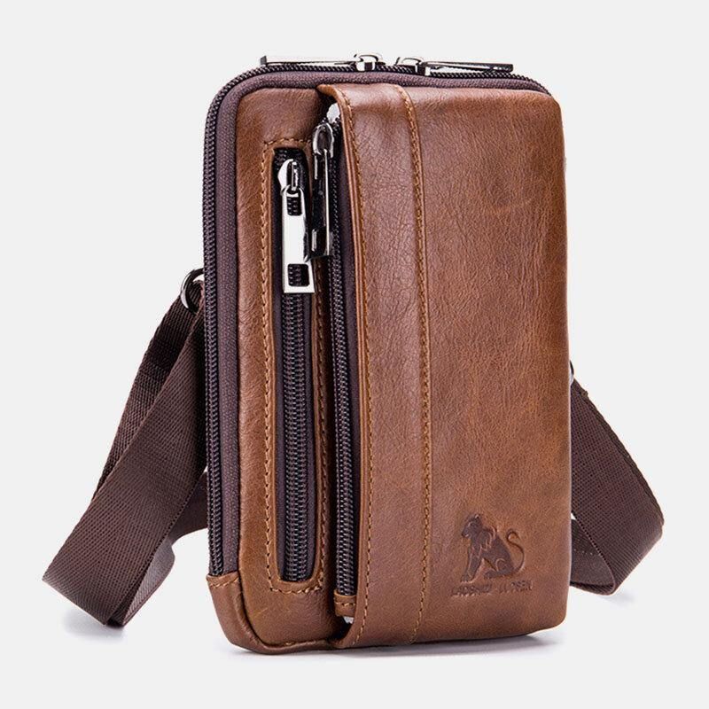 Menn Ekte Lær Flerbruks Vintage Casual 6.5 Tommers Telefon Midjeveske Crossbody Bag Skulderveske