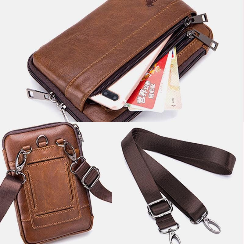 Menn Ekte Lær Flerbruks Vintage Casual 6.5 Tommers Telefon Midjeveske Crossbody Bag Skulderveske