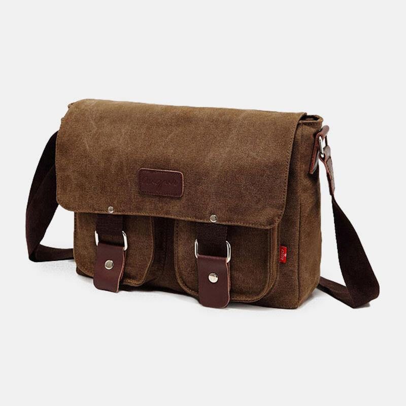 Menn Ekte Lær Og Lerret Retro Travel Outdoor Multi-Pocket Bæreveske Crossbody Bag