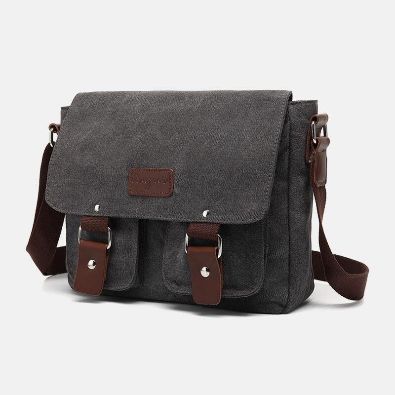 Menn Ekte Lær Og Lerret Retro Travel Outdoor Multi-Pocket Bæreveske Crossbody Bag