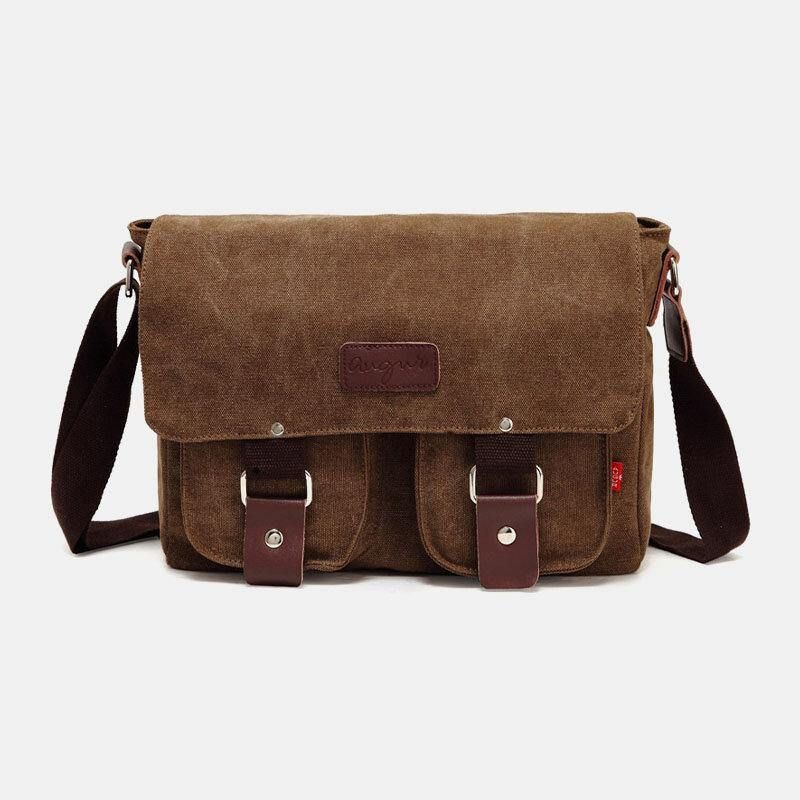 Menn Ekte Lær Og Lerret Retro Travel Outdoor Multi-Pocket Bæreveske Crossbody Bag