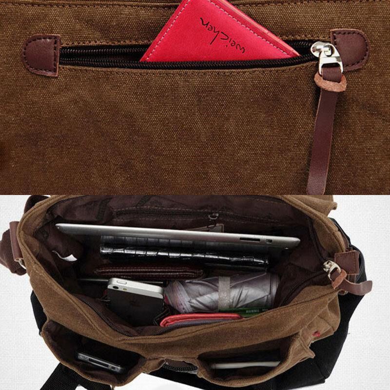 Menn Ekte Lær Og Lerret Retro Travel Outdoor Multi-Pocket Bæreveske Crossbody Bag