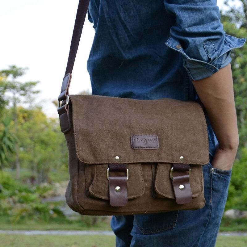 Menn Ekte Lær Og Lerret Retro Travel Outdoor Multi-Pocket Bæreveske Crossbody Bag