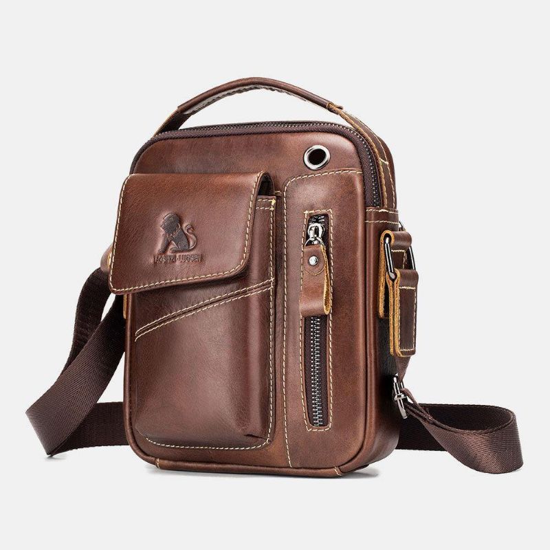 Menn Ekte Lær Slitasjebestandig Hodetelefonhull Multi-Lomme Vintage Crossbody Bag Skulderveske