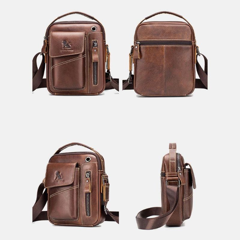 Menn Ekte Lær Slitasjebestandig Hodetelefonhull Multi-Lomme Vintage Crossbody Bag Skulderveske