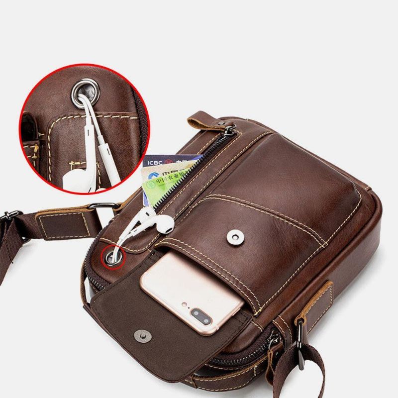 Menn Ekte Lær Slitasjebestandig Hodetelefonhull Multi-Lomme Vintage Crossbody Bag Skulderveske