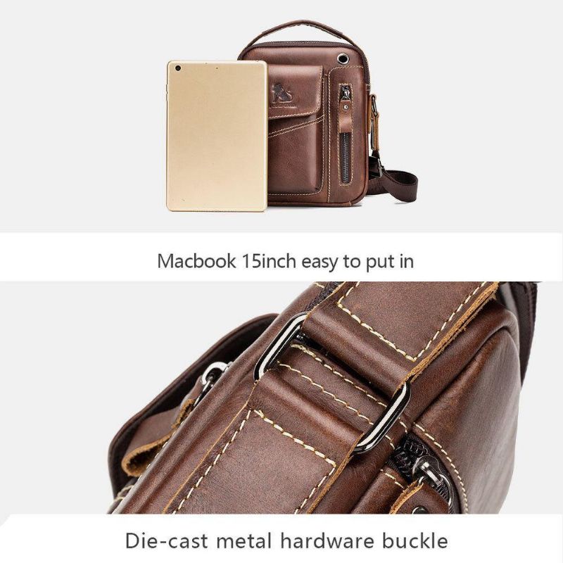 Menn Ekte Lær Slitasjebestandig Hodetelefonhull Multi-Lomme Vintage Crossbody Bag Skulderveske