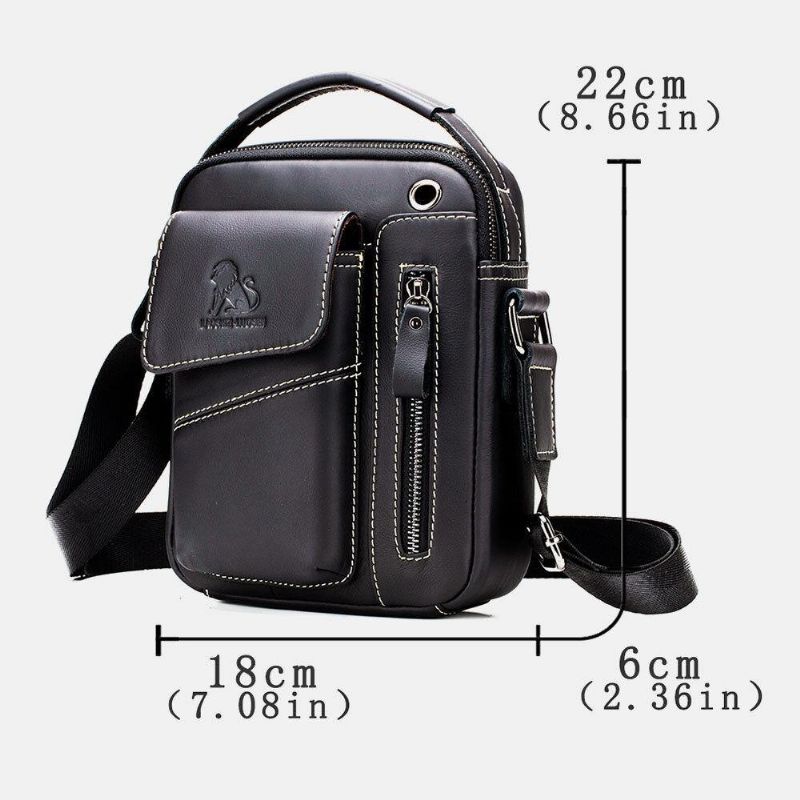 Menn Ekte Lær Slitasjebestandig Hodetelefonhull Multi-Lomme Vintage Crossbody Bag Skulderveske