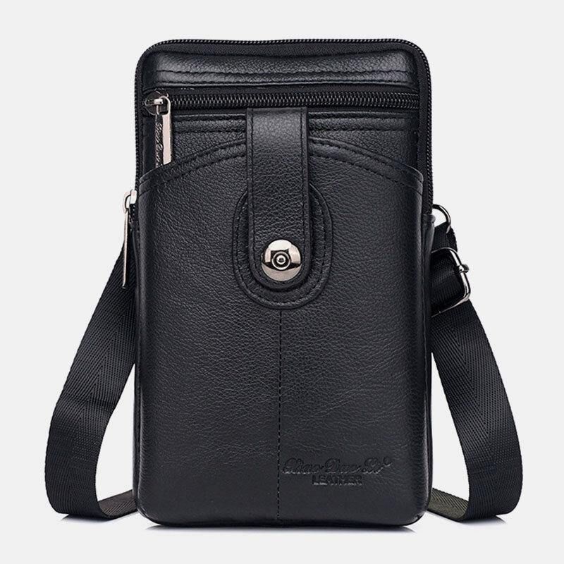 Menn Ekte Lær Vintage Multifunksjonell 6.5 Tommers Glidelås Hasp Telefonveske Crossbody Bag Midjeveske