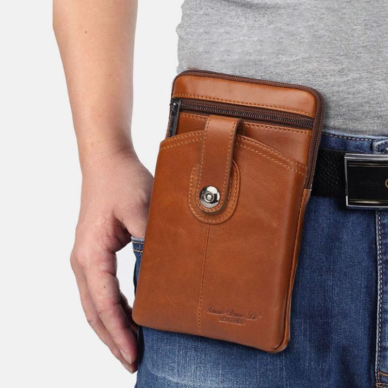 Menn Ekte Lær Vintage Multifunksjonell 6.5 Tommers Glidelås Hasp Telefonveske Crossbody Bag Midjeveske