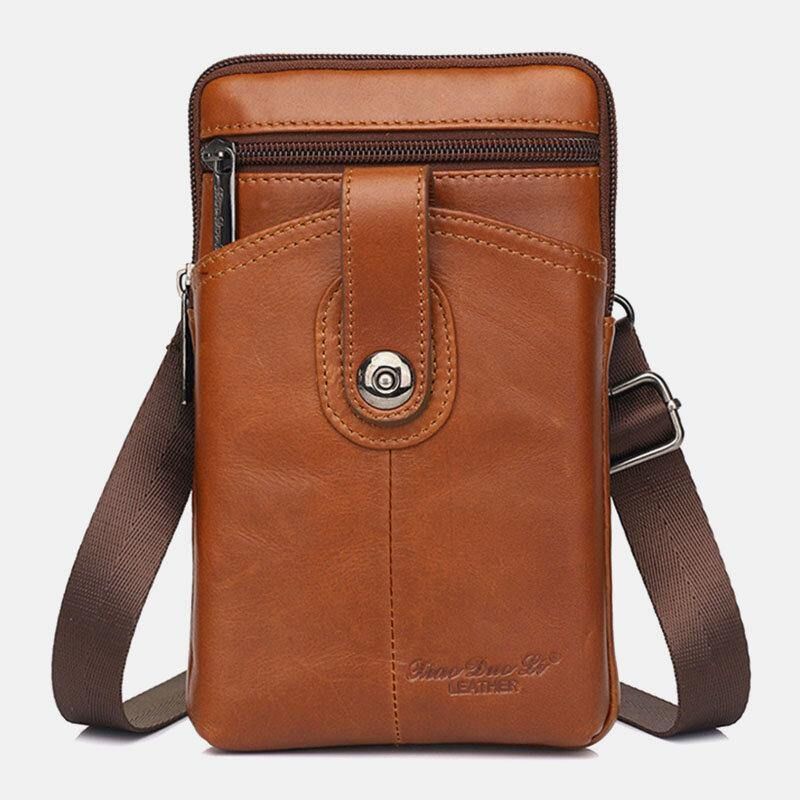 Menn Ekte Lær Vintage Multifunksjonell 6.5 Tommers Glidelås Hasp Telefonveske Crossbody Bag Midjeveske