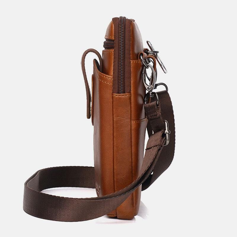 Menn Ekte Lær Vintage Multifunksjonell 6.5 Tommers Glidelås Hasp Telefonveske Crossbody Bag Midjeveske