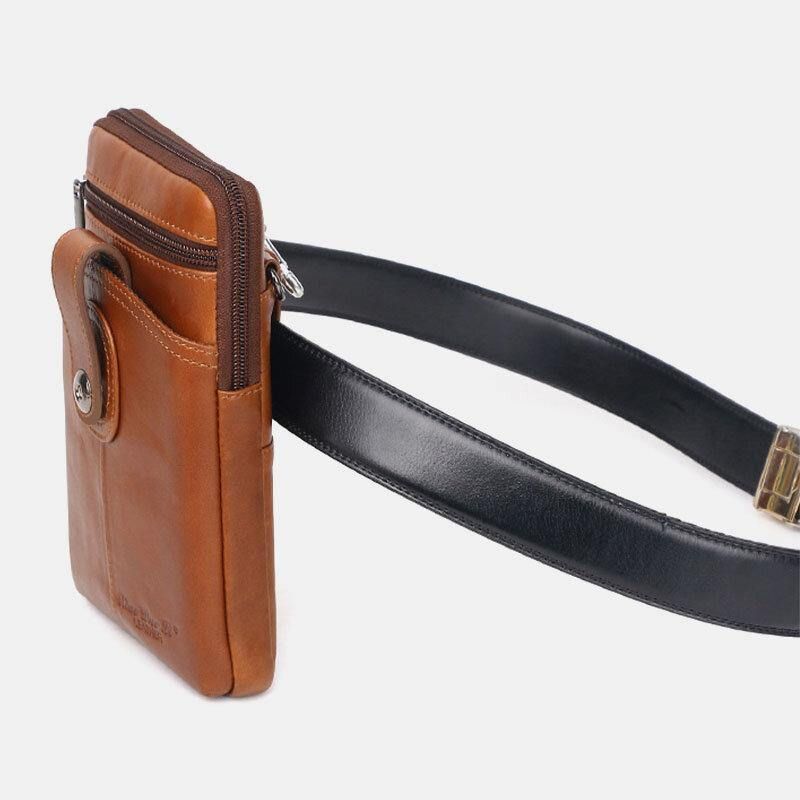 Menn Ekte Lær Vintage Multifunksjonell 6.5 Tommers Glidelås Hasp Telefonveske Crossbody Bag Midjeveske