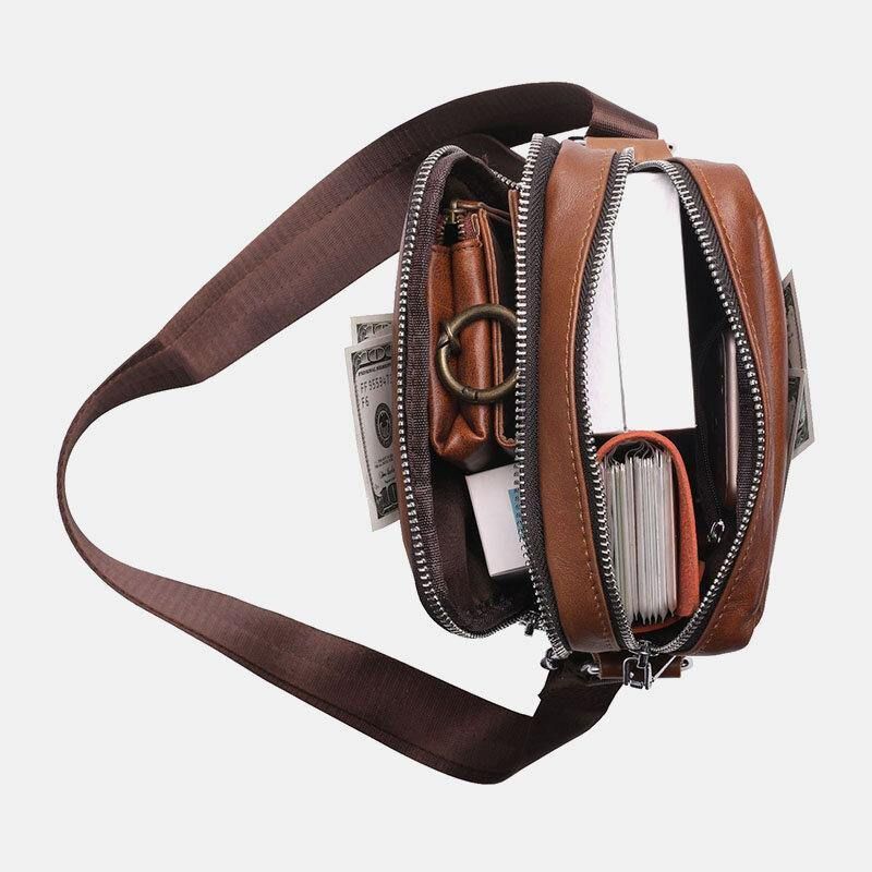 Menn Ekte Skinn Multi-Lomme Hodetelefonhull Vintage 6.5 Tommers Telefonveske Crossbody-Veske Skulderveske Messenger-Koffert