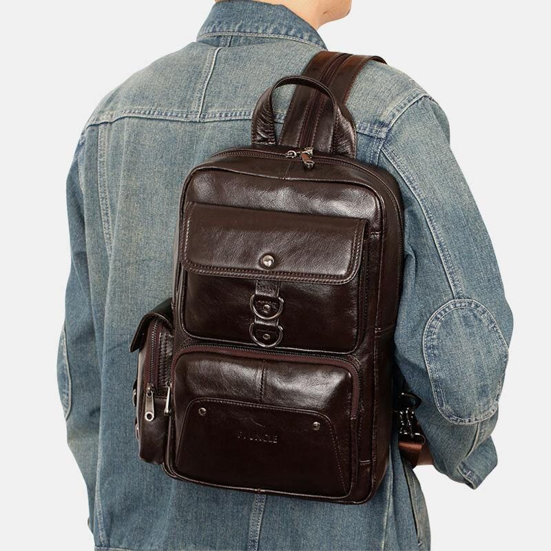 Menn Ekte Skinn Multifunksjon Multi-Carry Utendørs Reise Kuskinn Crossbody Bag Ryggsekk