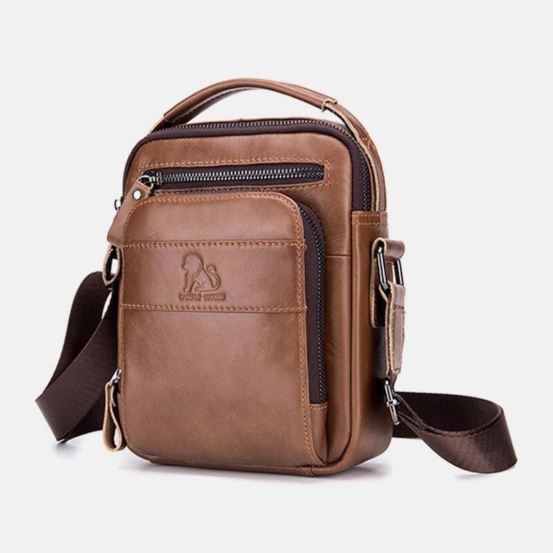 Menn Ekte Skinn Multifunksjon Multi-Pocket Vanntett Crossbody Bag Skulderveske