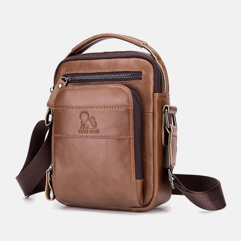 Menn Ekte Skinn Multifunksjon Multi-Pocket Vanntett Crossbody Bag Skulderveske