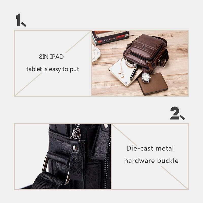Menn Ekte Skinn Multifunksjon Multi-Pocket Vanntett Crossbody Bag Skulderveske