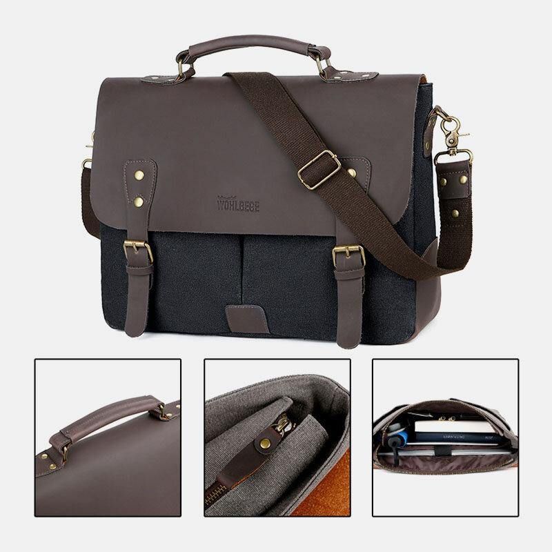 Menn Lerret Stor Kapasitet Deksel Glidelås Vintage Business Messenger Bag Laptop Bag Crossbody Bag Håndveske